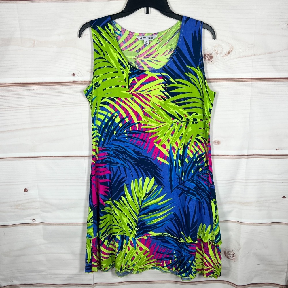La Mer Luxe Dress Womens Medium Green‎ Blue Palm Leaf Shift Sleeveless Hawaiian